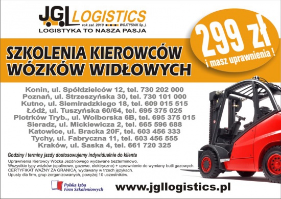 NOWOŚĆ - KONIN – kurs na wózki widłowe – Promocja 299 zł.